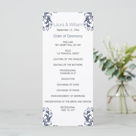 Hochzeitsprogramm für Navy Blue Damask Programm (Stehend Vorderseite)