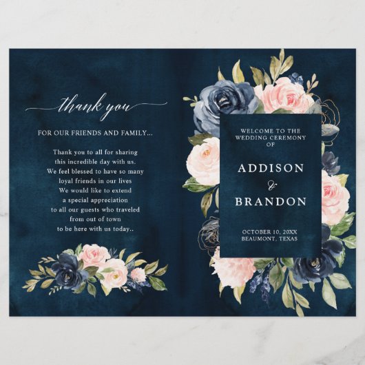 Hochzeitsprogramm für Navy Blue Dusty Blush Pink F (Vorderseite)