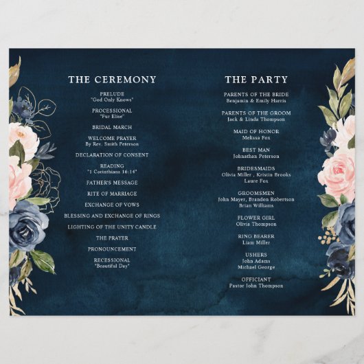 Hochzeitsprogramm für Navy Blue Dusty Blush Pink F (Rückseite)
