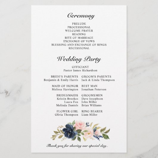 Hochzeitsprogramm für Navy Blue Dusty Blush Pink F (Rückseite)