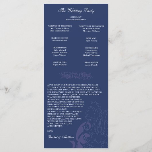 Hochzeitsprogramm für Navy Blue Floral Programm (Rückseite)