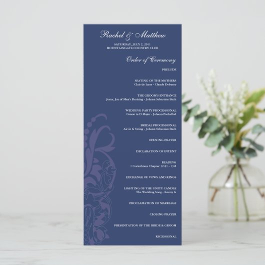 Hochzeitsprogramm für Navy Blue Floral Programm (Stehend Vorderseite)