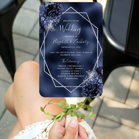 Hochzeitsprogramm für Navy Blue Floral Silver Foil Fächer