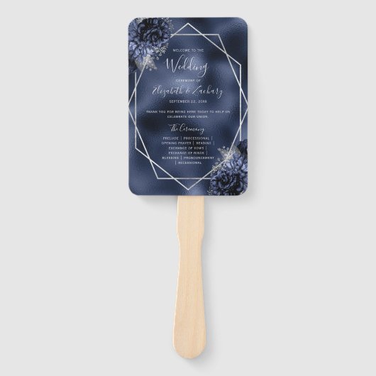 Hochzeitsprogramm für Navy Blue Floral Silver Foil Fächer (Vorderseite)