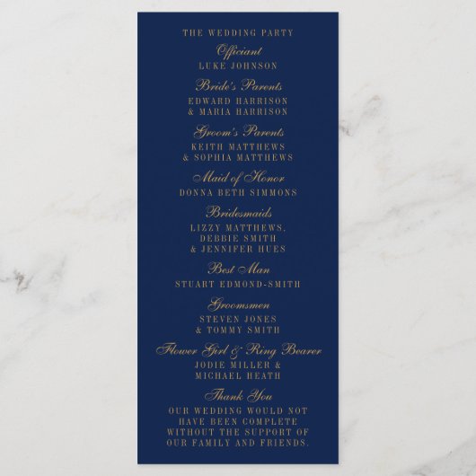 Hochzeitsprogramm für Navy Blue & Glam Gold Confet Programm (Rückseite)