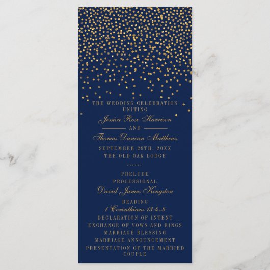 Hochzeitsprogramm für Navy Blue & Glam Gold Confet Programm (Vorderseite)