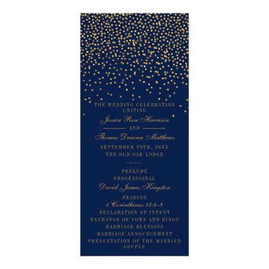 Hochzeitsprogramm für Navy Blue & Glam Gold Confet Werbekarte (Vorne)