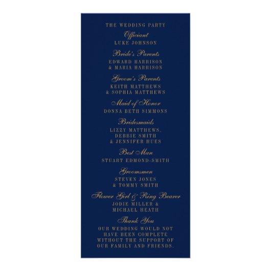 Hochzeitsprogramm für Navy Blue & Glam Gold Confet Werbekarte (Hinten)