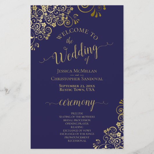 Hochzeitsprogramm für Navy Blue & Gold (Vorderseite)