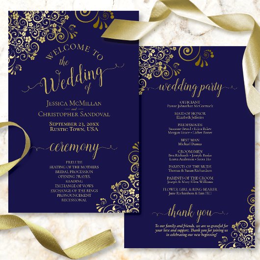 Hochzeitsprogramm für Navy Blue & Gold