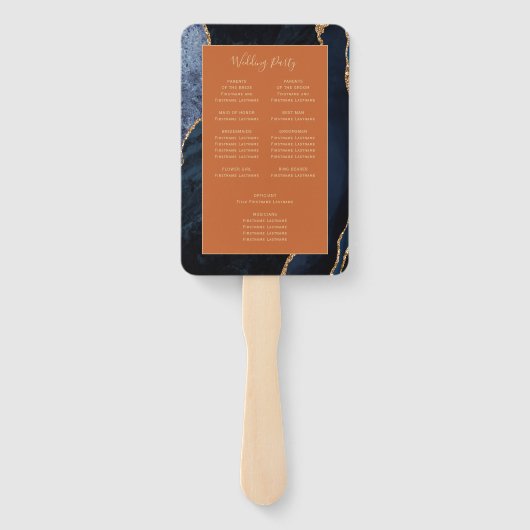 Hochzeitsprogramm für Navy Blue Gold Agate Burnt O Fächer (Rückseite)