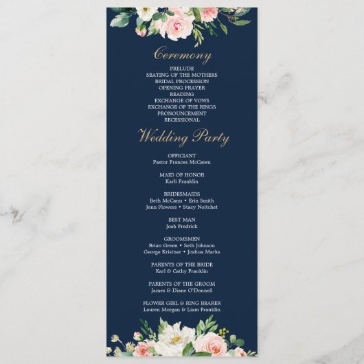 Hochzeitsprogramm für Navy Blue Gold Blush Programm (Rückseite)