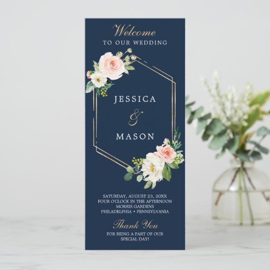 Hochzeitsprogramm für Navy Blue Gold Blush Programm (Stehend Vorderseite)