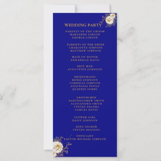 Hochzeitsprogramm für Navy Blue Gold Monogram (Rückseite)