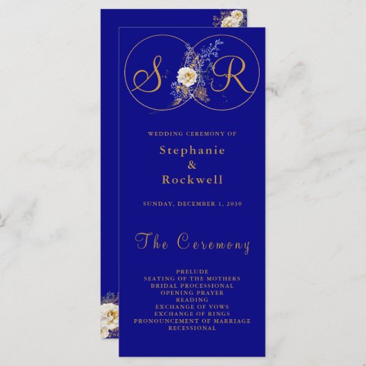 Hochzeitsprogramm für Navy Blue Gold Monogram (Vorne/Hinten)