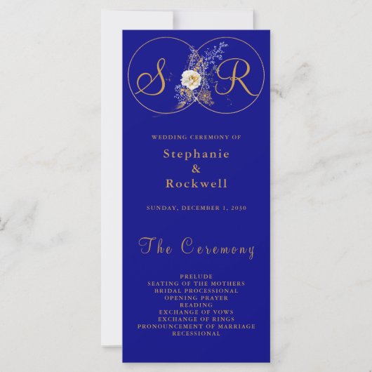 Hochzeitsprogramm für Navy Blue Gold Monogram (Vorderseite)