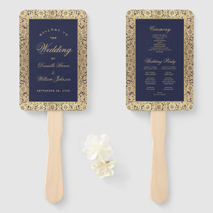 Hochzeitsprogramm für Navy Blue Gold Rose Vintage Fächer