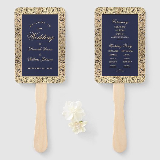 Hochzeitsprogramm für Navy Blue Gold Rose Vintage Fächer