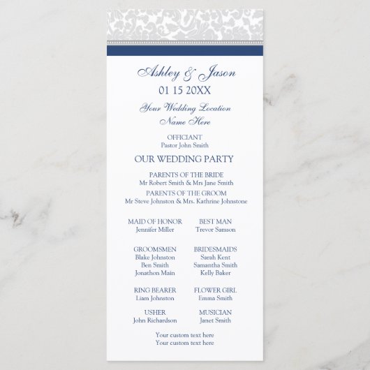 Hochzeitsprogramm für Navy Blue Gray Damask Foto Programm (Rückseite)