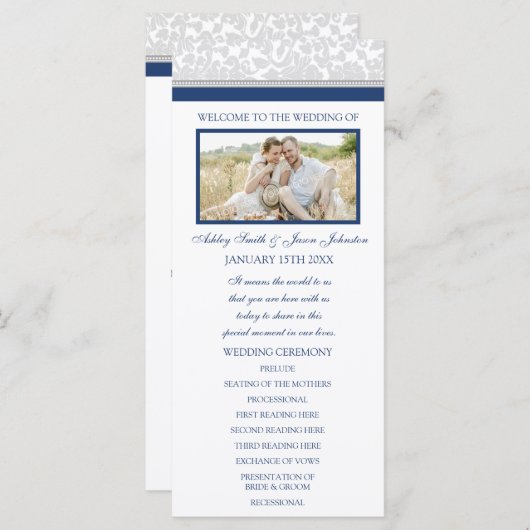 Hochzeitsprogramm für Navy Blue Gray Damask Foto Programm (Vorne/Hinten)