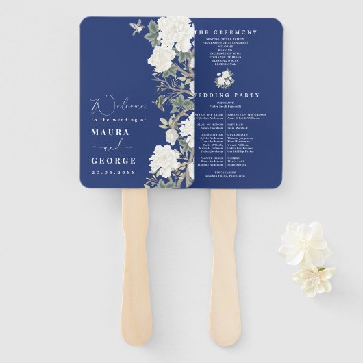 Hochzeitsprogramm für Navy Blue Ivory Chinoiserie Fächer (Vorne und Hinten)