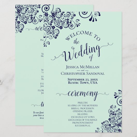Hochzeitsprogramm für Navy Blue & Mint Green BUDGE (Vorne/Hinten)