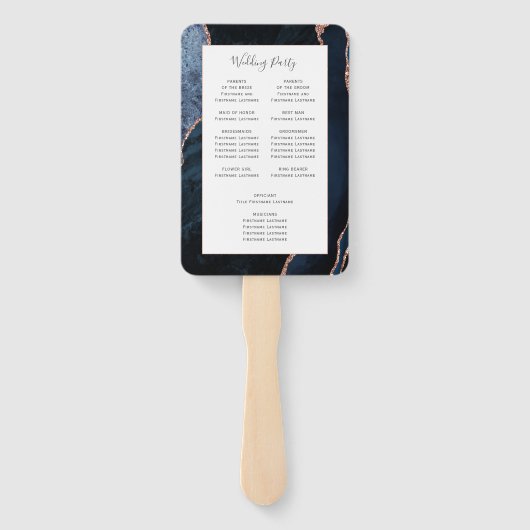 Hochzeitsprogramm für Navy Blue Rose Gold Agate Fächer (Rückseite)