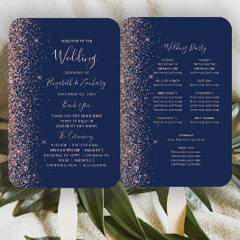 Hochzeitsprogramm für Navy Blue Rose Gold Glitzer Fächer