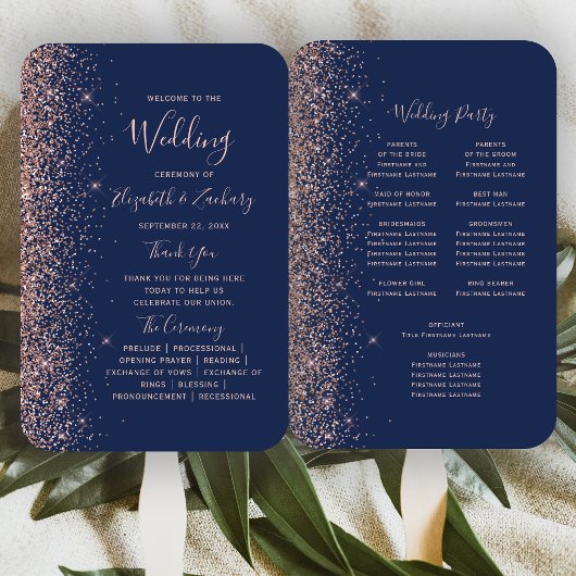 Hochzeitsprogramm für Navy Blue Rose Gold Glitzer Fächer