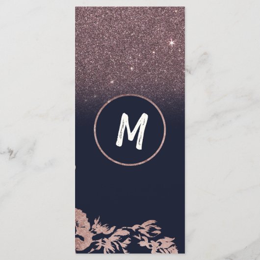 Hochzeitsprogramm für Navy Blue Rose Gold Glitzer Programm (Rückseite)