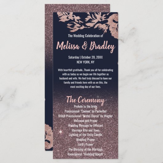 Hochzeitsprogramm für Navy Blue Rose Gold Glitzer Programm (Vorne/Hinten)