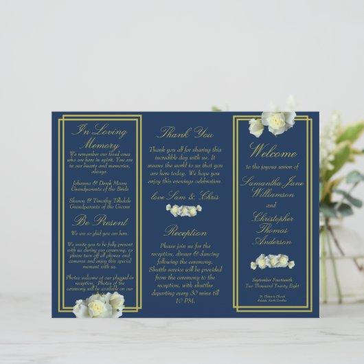 Hochzeitsprogramm für Navy Blue-Script-Rose (Stehend Vorderseite)