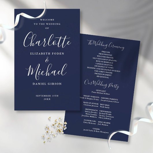 Hochzeitsprogramm für Navy Blue Signature Script