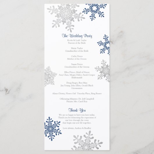 Hochzeitsprogramm für Navy Blue Silver Snowflake Programm (Rückseite)