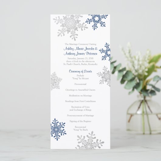 Hochzeitsprogramm für Navy Blue Silver Snowflake Programm (Stehend Vorderseite)