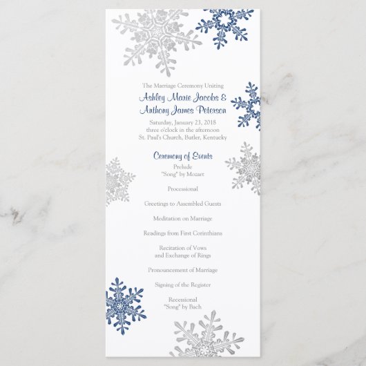 Hochzeitsprogramm für Navy Blue Silver Snowflake Programm (Vorderseite)