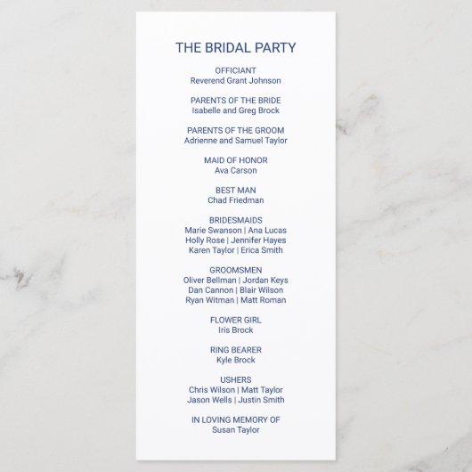 Hochzeitsprogramm für Navy Blue Simple Calligraphy Programm (Rückseite)