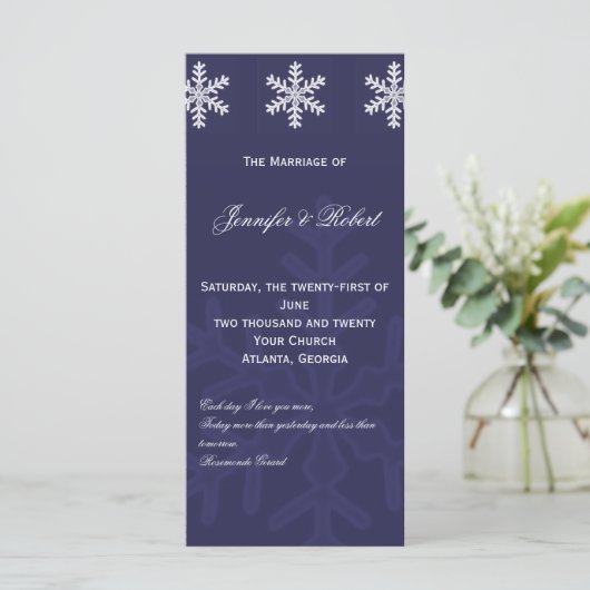 Hochzeitsprogramm für Navy Blue Snowflake Programm (Stehend Vorderseite)