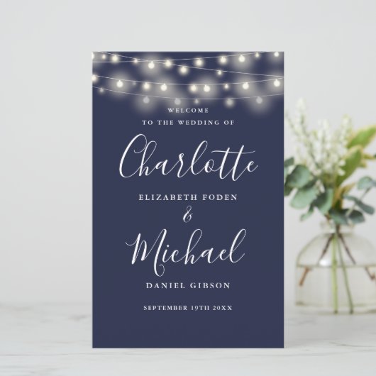 Hochzeitsprogramm für Navy Blue String Lights (Stehend Vorderseite)