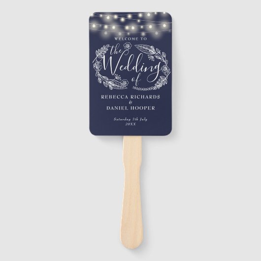 Hochzeitsprogramm für Navy Blue String Lights Fächer (Vorderseite)