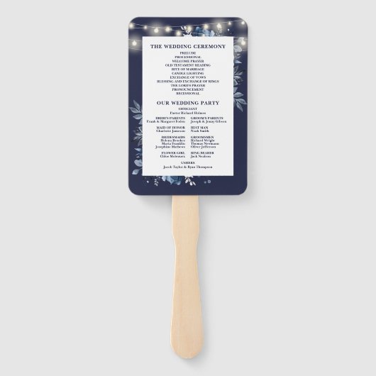 Hochzeitsprogramm für Navy Blue String Lights Flor Fächer (Rückseite)