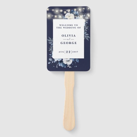 Hochzeitsprogramm für Navy Blue String Lights Flor Fächer (Vorderseite)