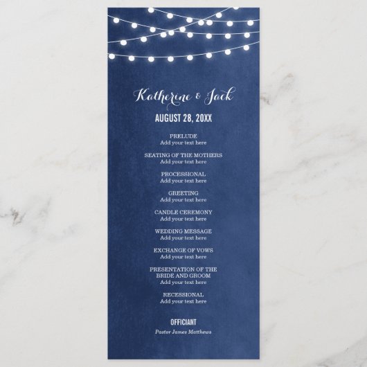 Hochzeitsprogramm für Navy Blue String Lights Programm (Vorderseite)