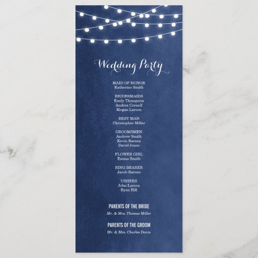 Hochzeitsprogramm für Navy Blue String Lights Programm (Rückseite)