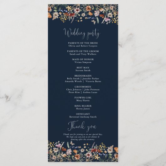 Hochzeitsprogramm für Navy Blue Tiny Wildblume Programm (Rückseite)