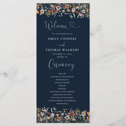 Hochzeitsprogramm für Navy Blue Tiny Wildblume Programm (Vorderseite)