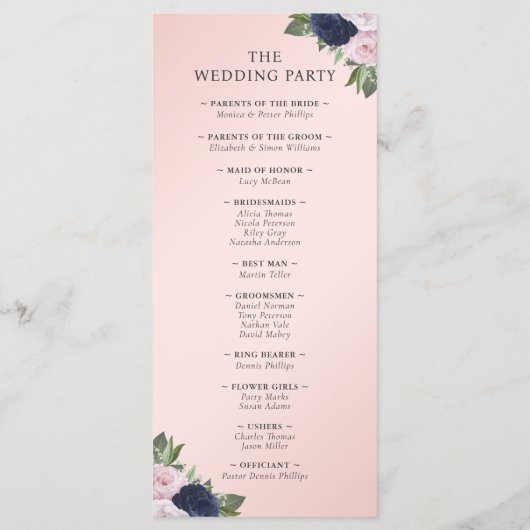 Hochzeitsprogramm für Navy Blue und Blush Floral Programm (Rückseite)