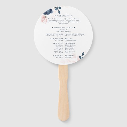 Hochzeitsprogramm für Navy Blue und Blush Pink Fächer (Rückseite)