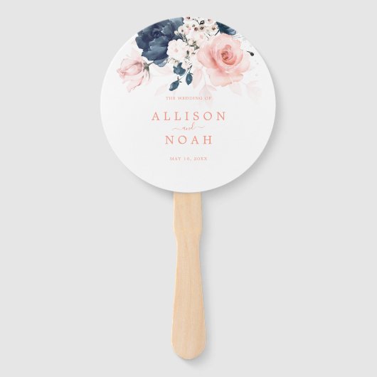 Hochzeitsprogramm für Navy Blue und Blush Pink Fächer (Vorderseite)