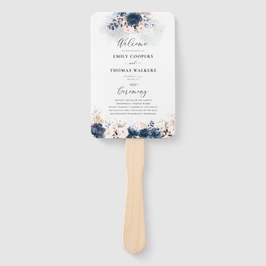 Hochzeitsprogramm für Navy Blue und Dusty Rose Han Fächer (Vorderseite)